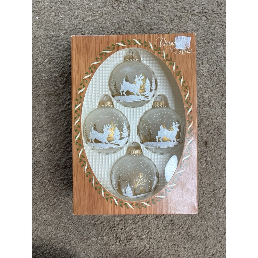 Krebs Glass Christmas Ornaments Deer Snow Scene Set of 4 Vintage C